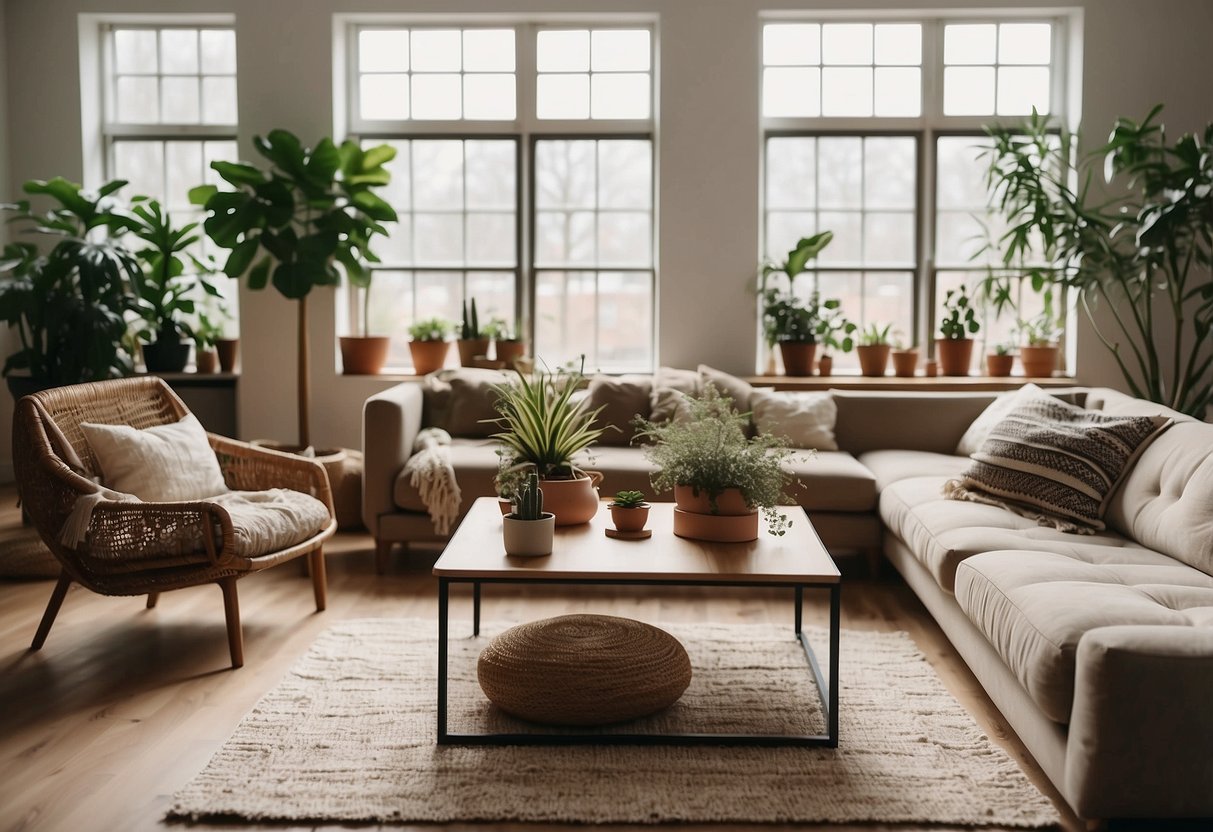 A modern living room with earthy tones, natural materials, and minimalist furniture. Large windows let in plenty of natural light, and potted plants add a touch of greenery. Textured throw pillows and cozy blankets complete the look