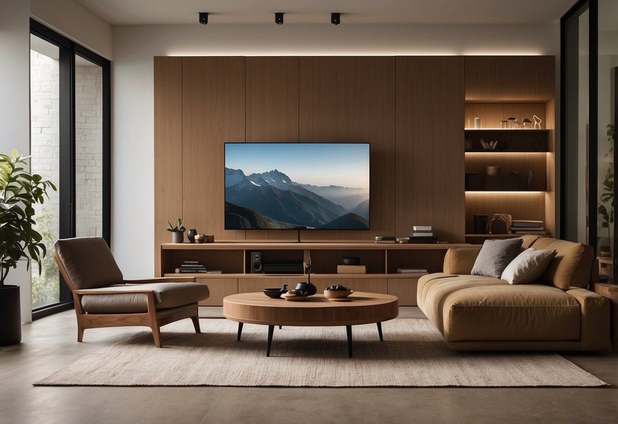 A modern living room with convertible furniture, flexible storage solutions, and integrated technology. Natural materials and earthy tones create a cozy, versatile atmosphere