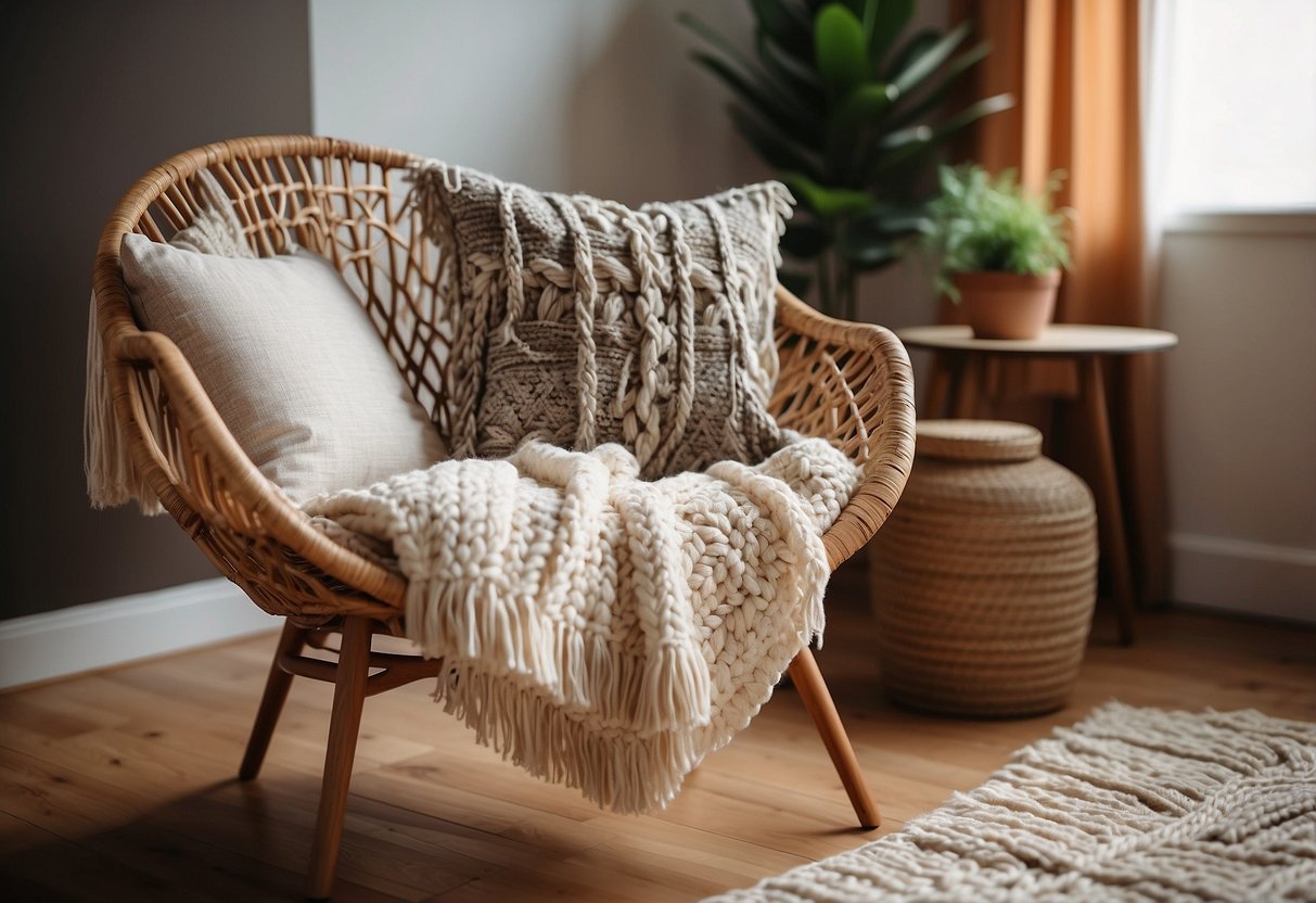 A cozy living room with textured throw pillows, a chunky knit blanket, and a shaggy rug. A macrame wall hanging and a rattan chair add to the boho vibe