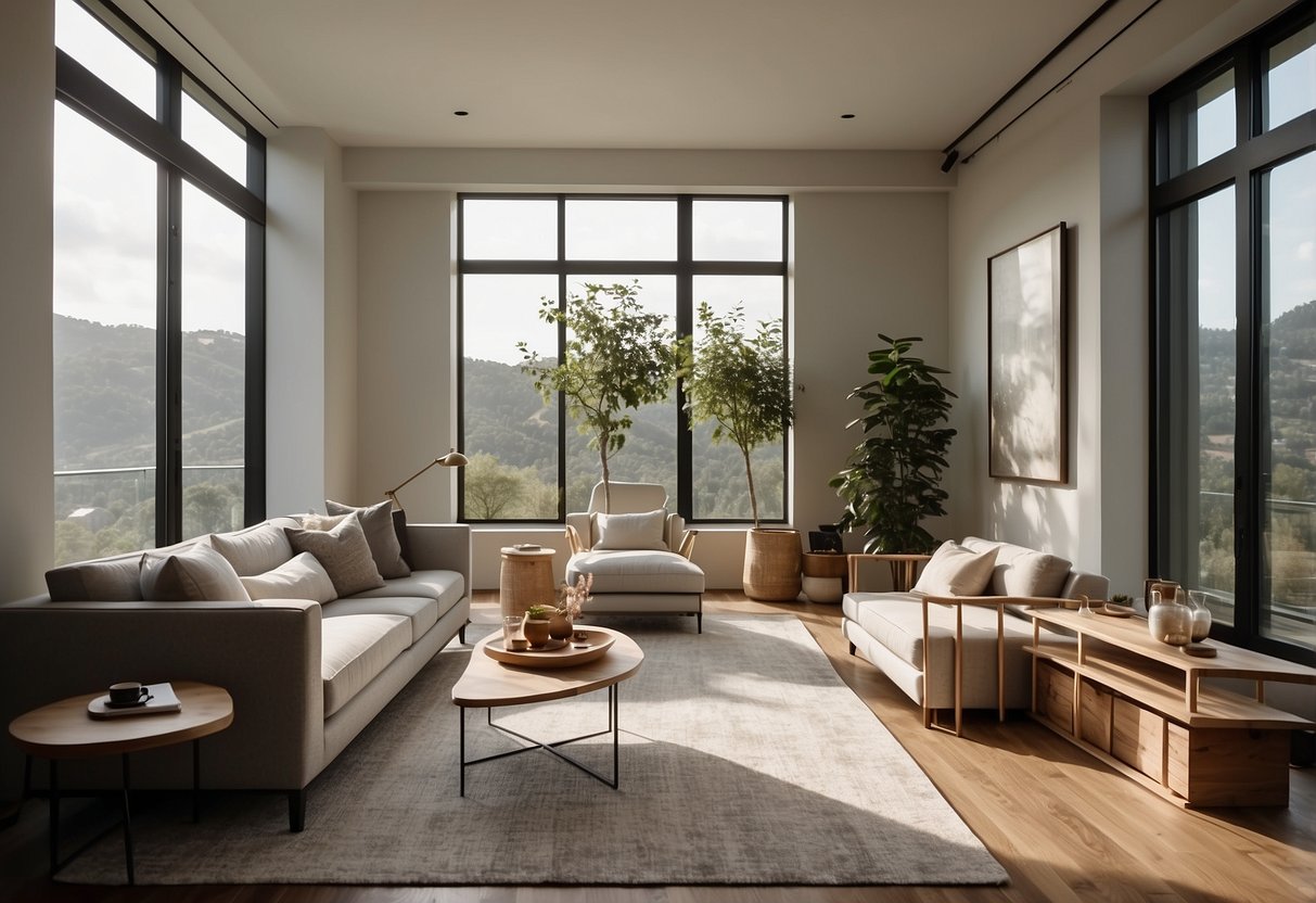 A clean, uncluttered room with sleek furniture, neutral colors, and natural light streaming in through large windows