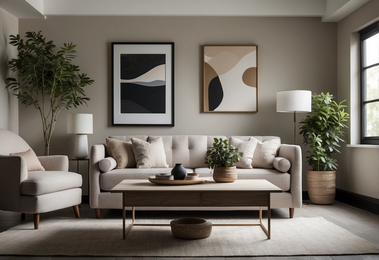 A serene living room with neutral tones, clean lines, and uncluttered surfaces. A few carefully chosen pieces of furniture and decor create a sense of calm and simplicity