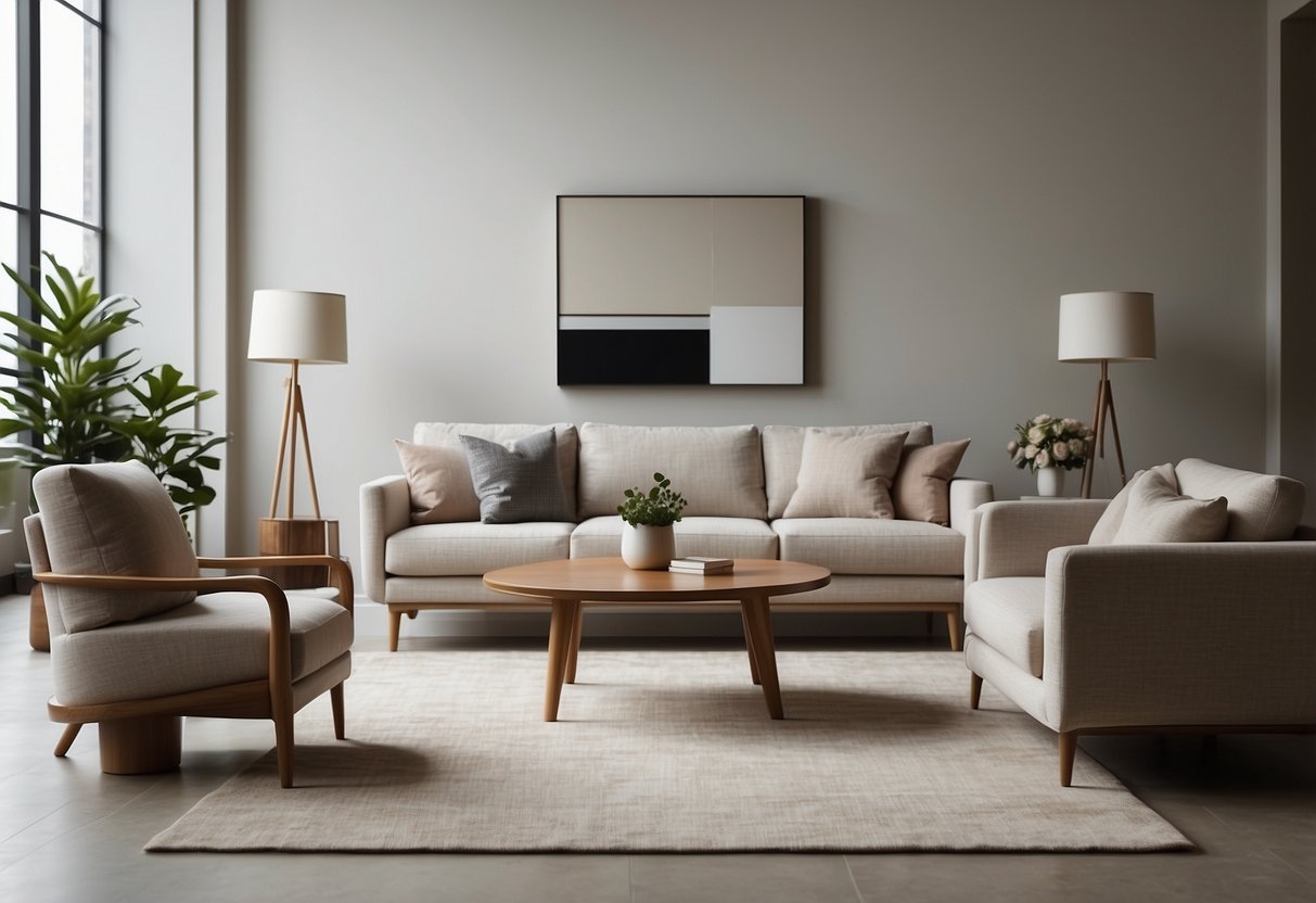 A room with clean lines, neutral colors, and simple furniture. A sofa, a coffee table, and a few accent chairs. No clutter, just a few carefully chosen pieces