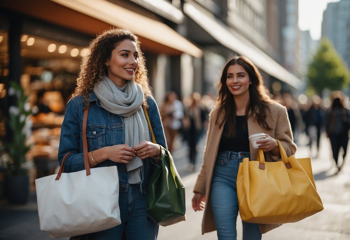 A vibrant cityscape with eco-friendly clothing stores, bustling with shoppers carrying reusable bags and browsing sustainable fashion items