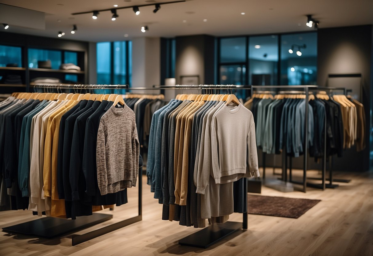 A rack of eco-friendly clothing, made from organic and recycled materials, is displayed in a bright, modern store