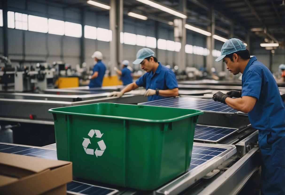 A clothing factory with solar panels, recycling bins, and workers using eco-friendly materials and production methods