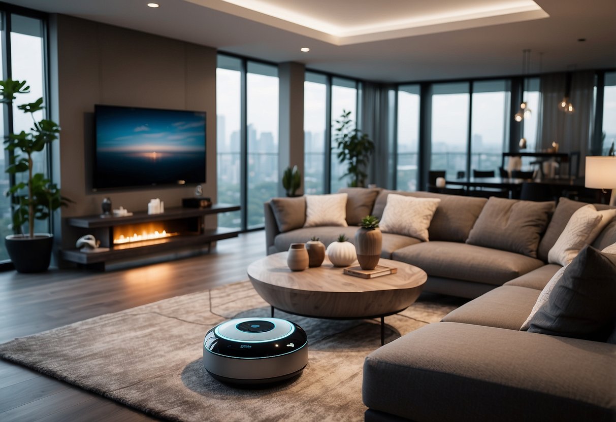 A modern living room with voice-controlled lights, smart thermostat, robot vacuum, security cameras, and virtual assistant hub