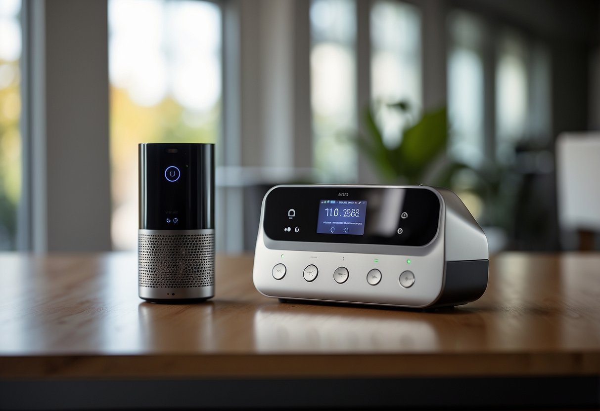 Various smart home gadgets are integrated, including voice assistants, smart thermostats, security cameras, and smart lighting. The scene is modern, with sleek, minimalist design and a seamless, interconnected feel