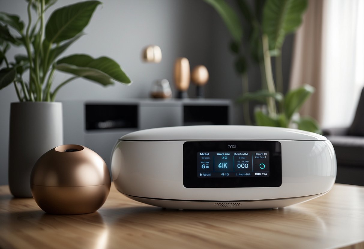 A modern living room with smart home gadgets: thermostat, air purifier, smart speaker, and security camera. The room is well-lit and comfortable, with a sleek and minimalist design