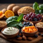 A colorful array of superfoods arranged on a wooden cutting board: blueberries, spinach, quinoa, almonds, sweet potatoes, salmon, and Greek yogurt