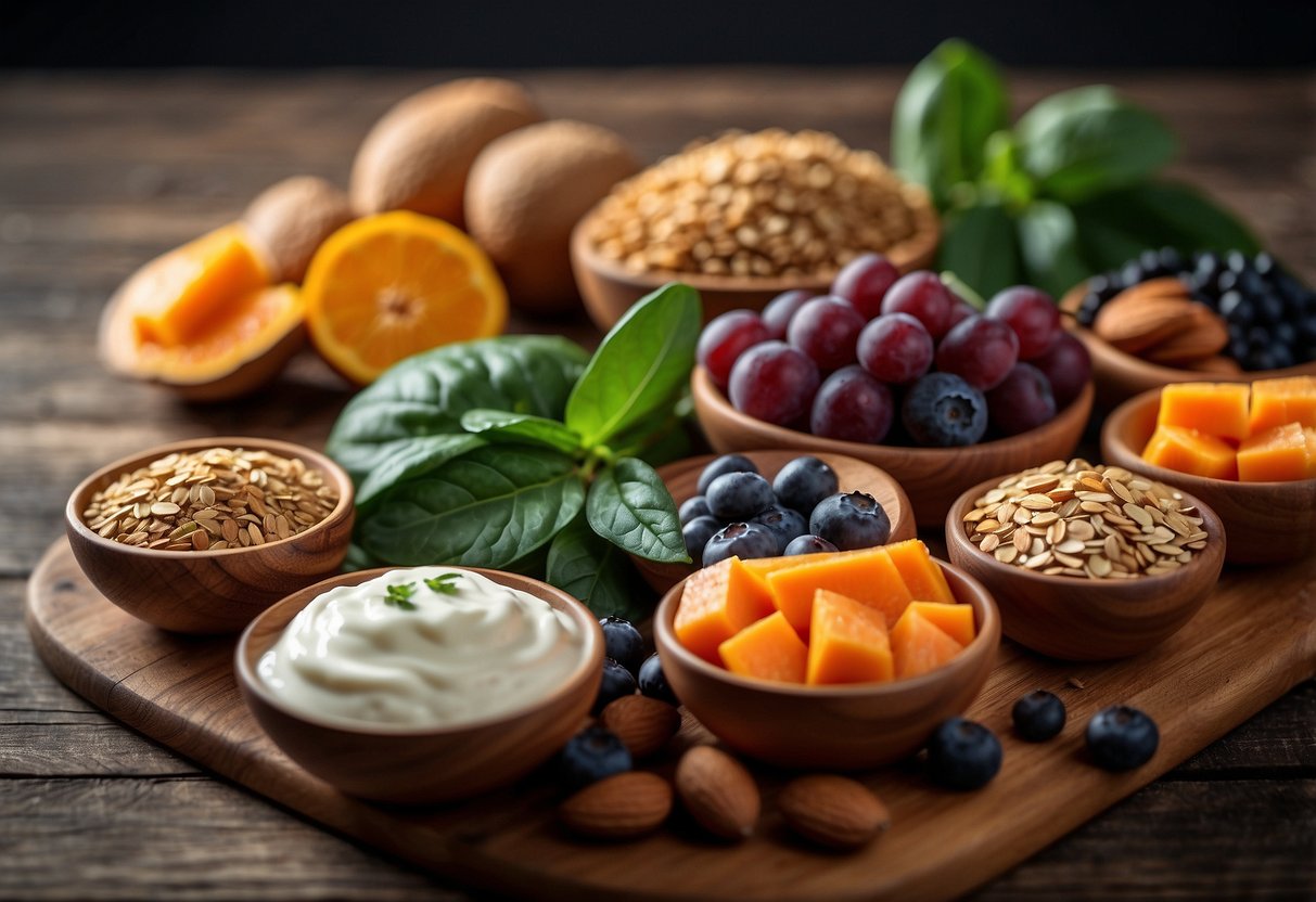 A colorful array of superfoods arranged on a wooden cutting board: blueberries, spinach, quinoa, almonds, sweet potatoes, salmon, and Greek yogurt