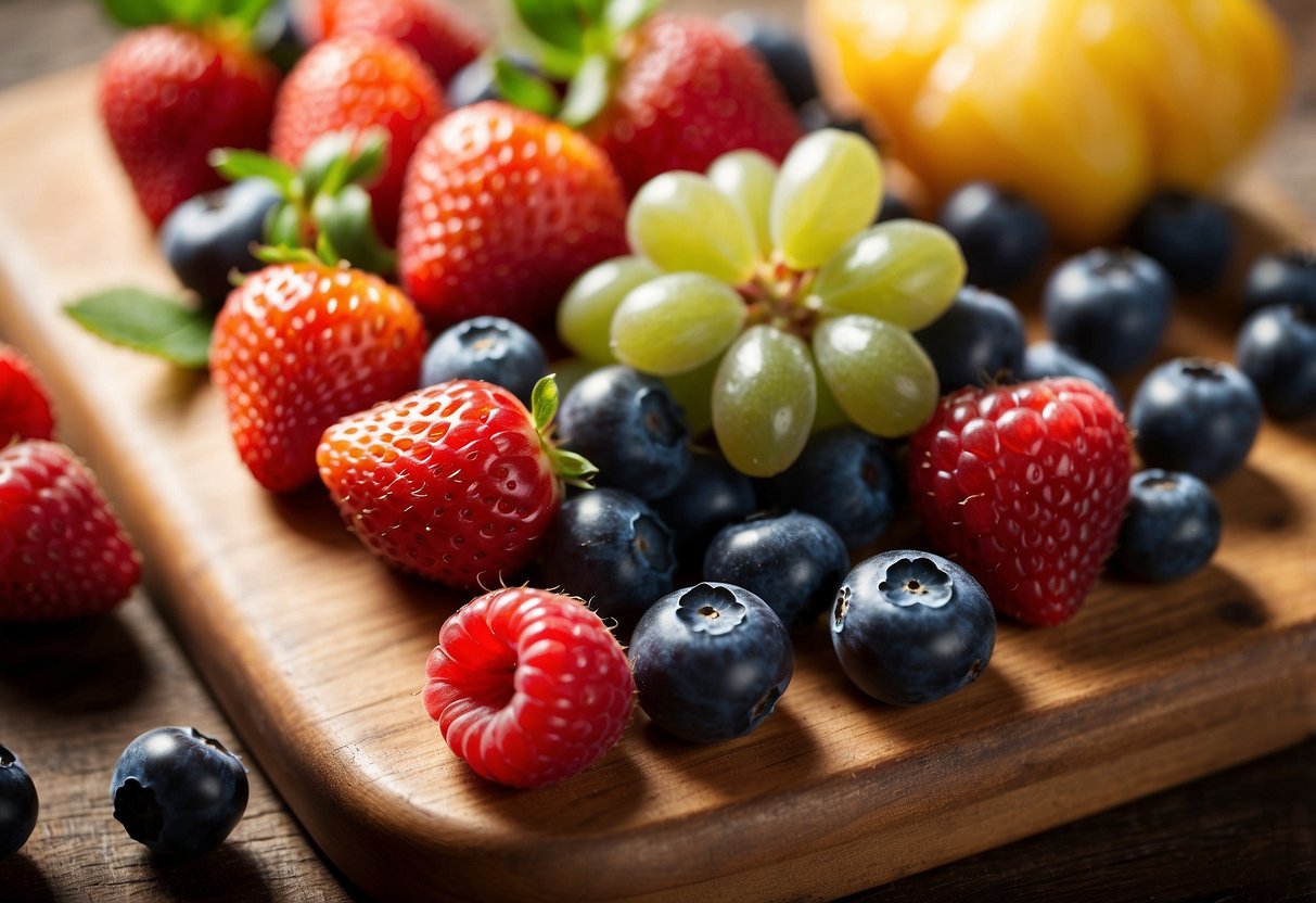 A colorful assortment of berries, such as blueberries, strawberries, and raspberries, are arranged on a wooden cutting board. A beam of sunlight highlights their vibrant hues, showcasing their antioxidant-rich and vitamin-packed goodness