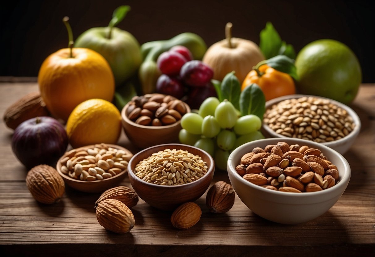 A variety of nuts and seeds scattered on a wooden table, surrounded by vibrant fruits and vegetables. The scene exudes a sense of health and vitality, with the promise of nutritious and delicious meals