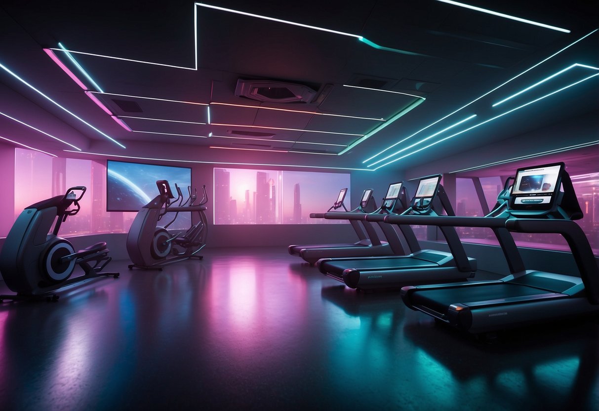 A futuristic gym with holographic workout programs, virtual reality equipment, and advanced fitness technology. The space is sleek and minimalistic, with neon lighting and high-tech exercise machines