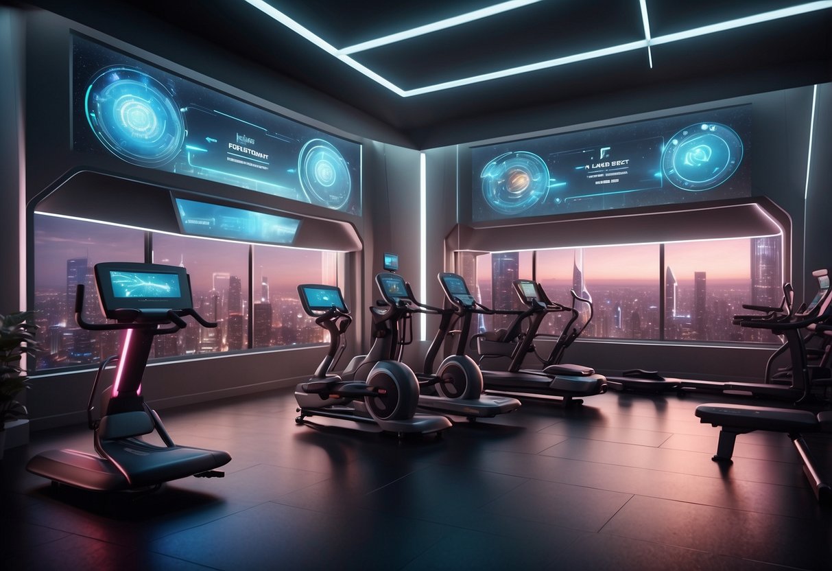 A futuristic gym with holographic workout displays, virtual reality training pods, and personalized AI fitness coaches. The space is filled with sleek, high-tech equipment and neon lights, creating a cutting-edge atmosphere