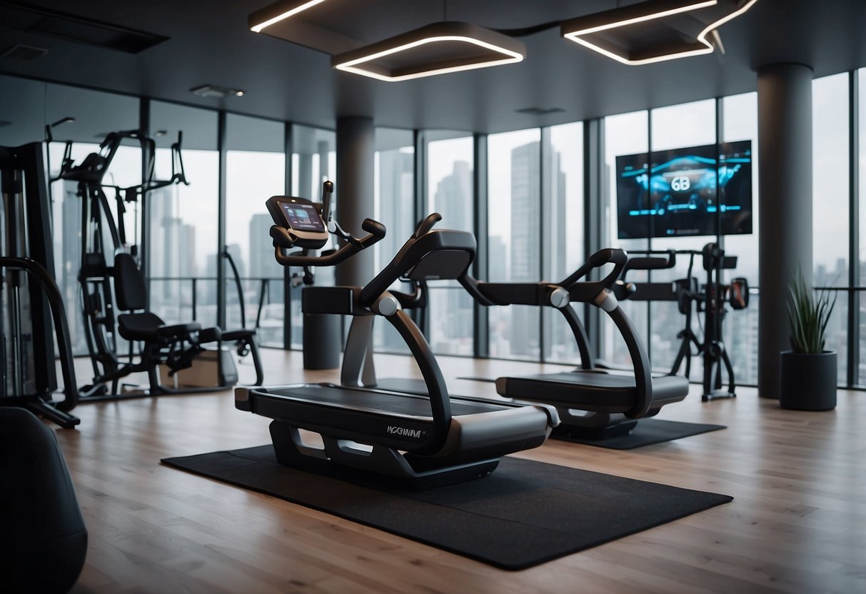 A futuristic home gym with virtual reality equipment, holographic workout displays, and AI personal trainers. High-tech exercise machines and smart fitness devices are seamlessly integrated into the sleek and modern design