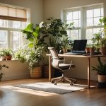 A serene, sunlit room with a desk and chair, surrounded by plants and books. A laptop and notebook sit open, while a yoga mat and running shoes lay nearby