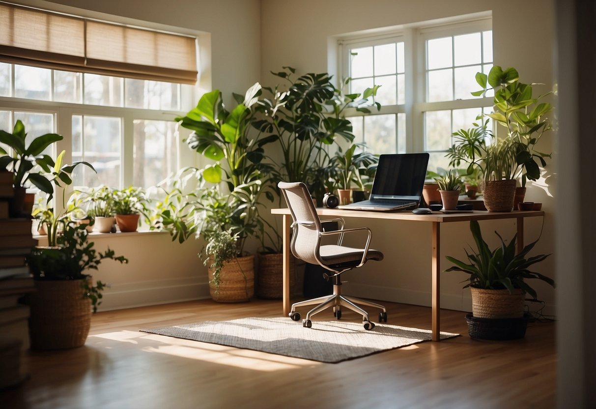 A serene, sunlit room with a desk and chair, surrounded by plants and books. A laptop and notebook sit open, while a yoga mat and running shoes lay nearby