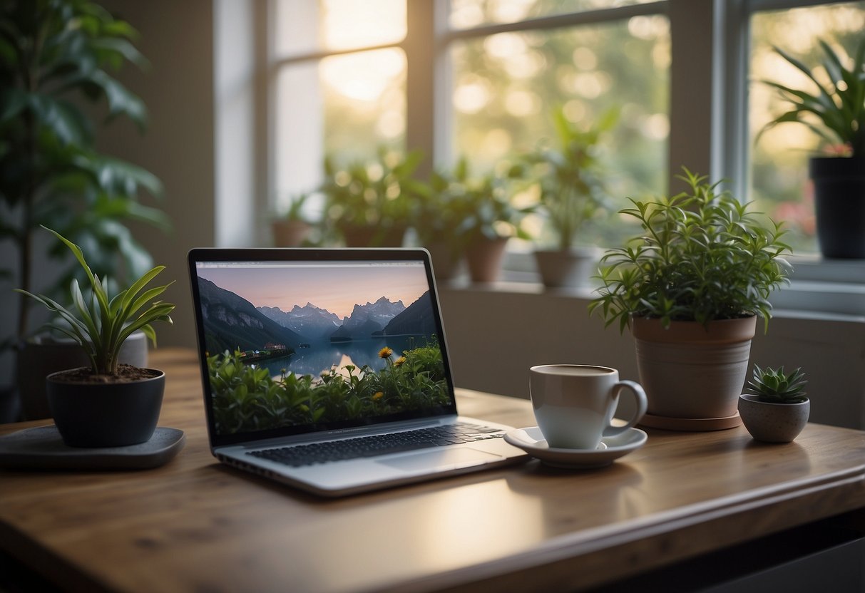 A serene office desk with a laptop, a potted plant, and a cup of tea. A clock on the wall shows the end of the workday. Outside the window, a peaceful garden offers a sense of calm