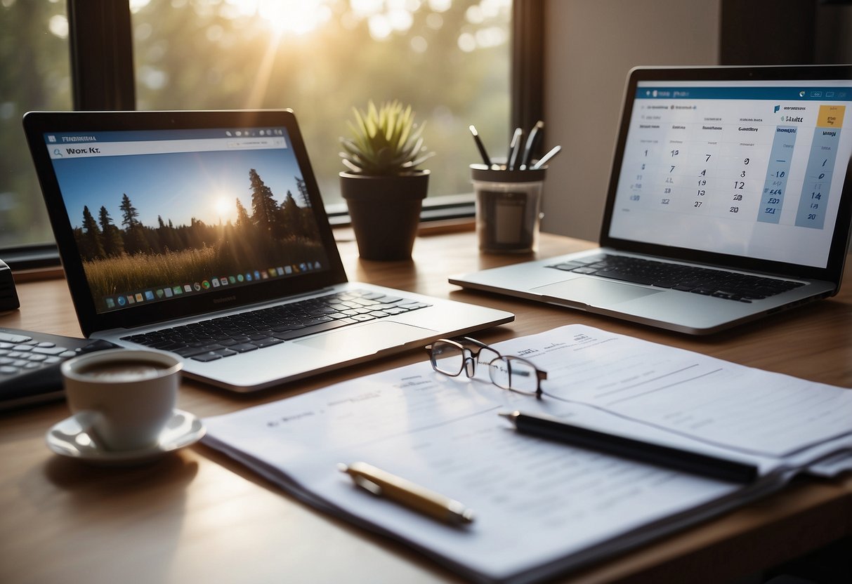 A cluttered desk with a calendar, clock, and to-do list. A laptop and phone sit nearby, surrounded by scattered papers and office supplies. A serene outdoor scene is visible through the window