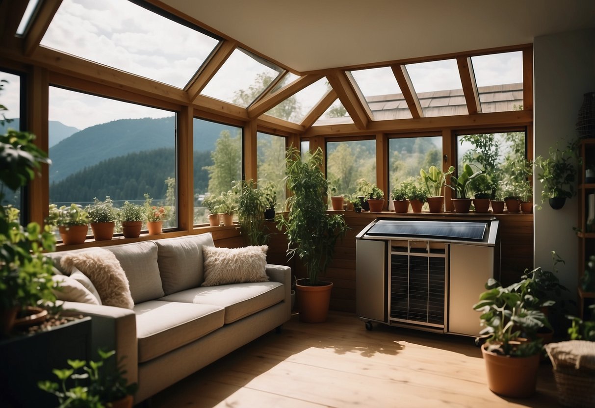 A cozy living room with plants, reusable water bottles, and eco-friendly decor. Solar panels on the roof and a compost bin in the kitchen