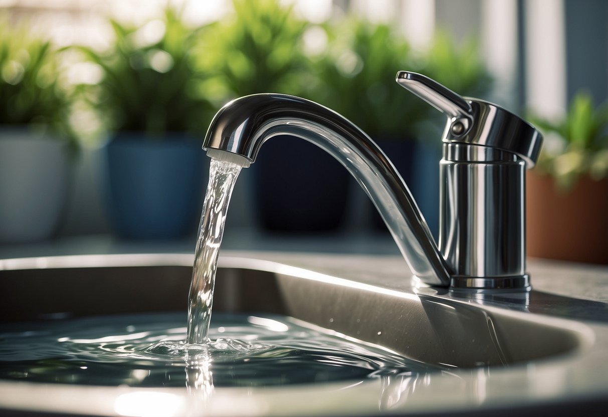 A faucet with a stopper, a bucket collecting water, and a plant being watered with the collected water