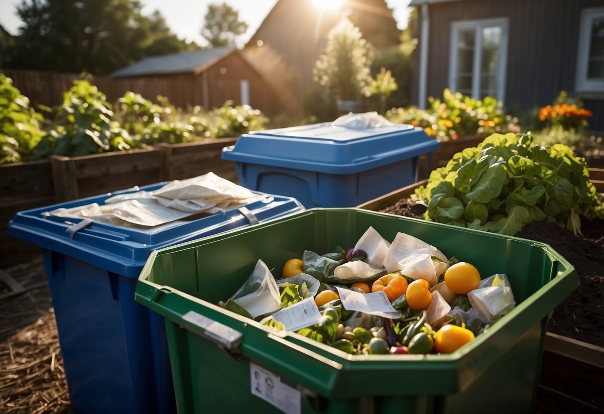 A recycling bin overflowing with paper, plastic, and glass. A compost bin next to a thriving vegetable garden. Solar panels on the roof of a modern house