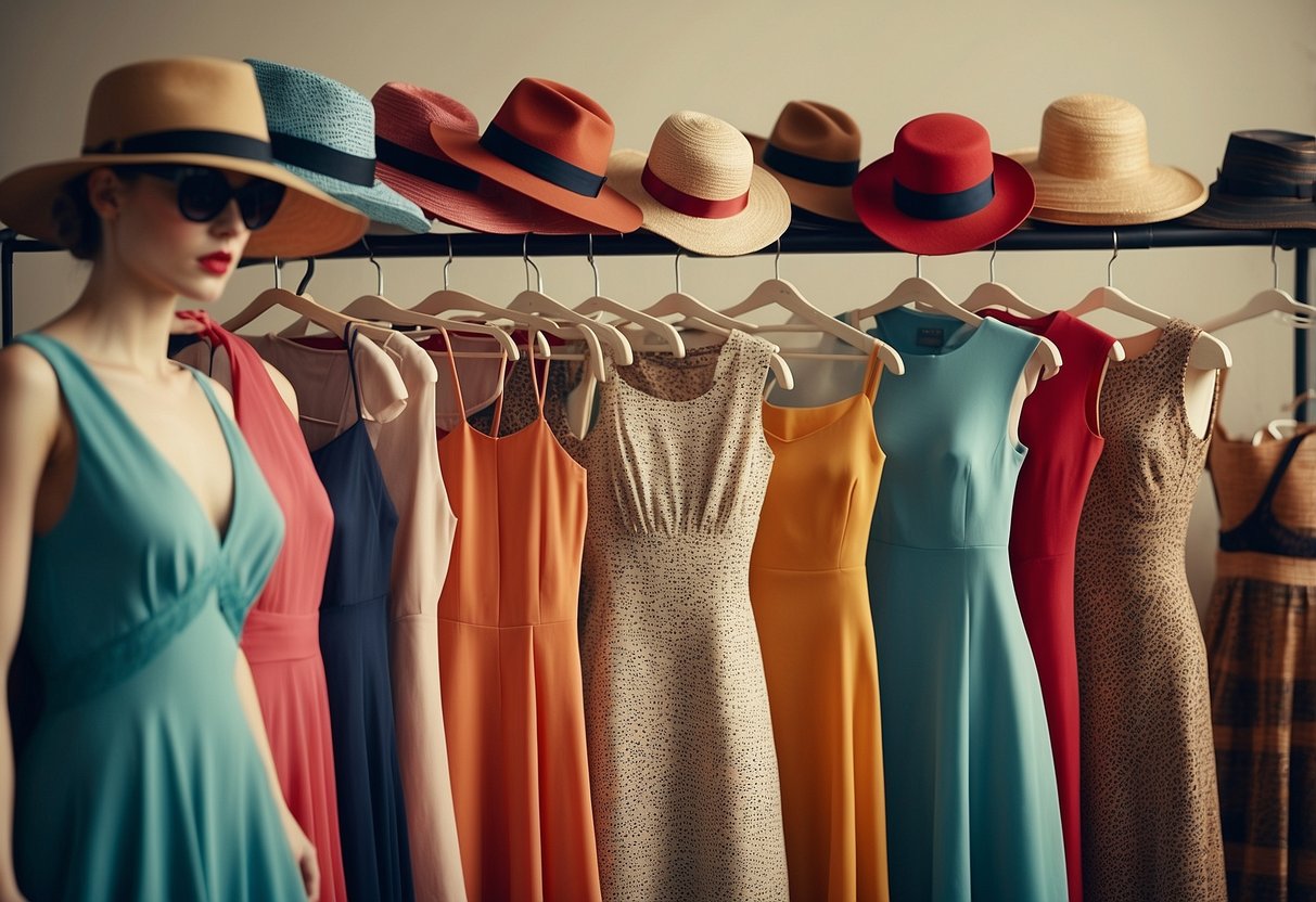 A rack of colorful vintage dresses, hats, and accessories displayed in a retro-themed boutique. A mannequin wears a polka dot dress with cat-eye sunglasses