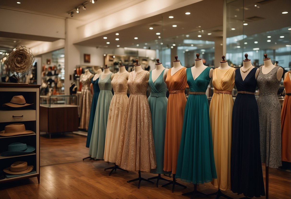 A vintage clothing store with racks of retro dresses, hats, and accessories. A display case showcases delicate jewelry and handbags. Vintage posters adorn the walls