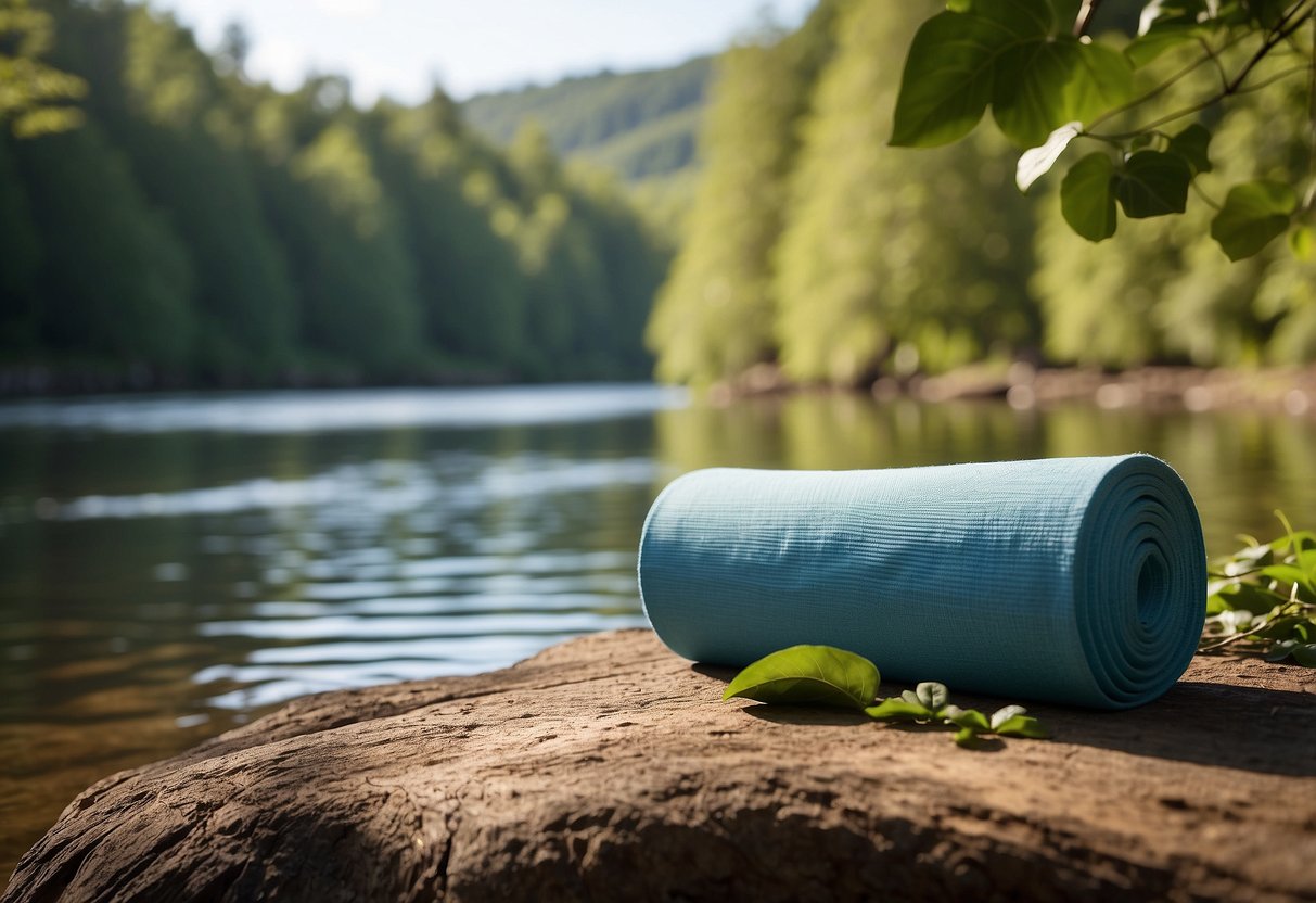 A serene natural landscape with a flowing river, lush greenery, and a clear blue sky. Surrounding the scene are symbols of wellness such as yoga mats, running shoes, healthy foods, and meditation cushions