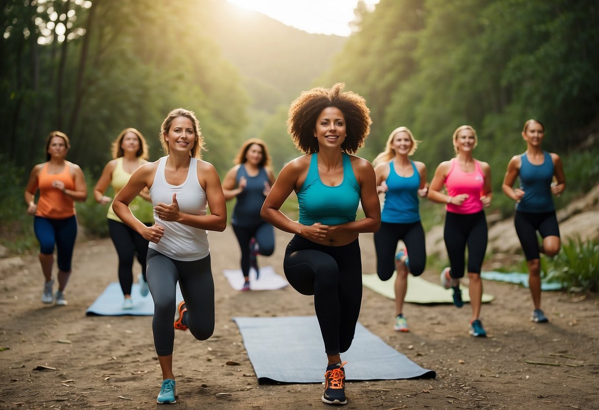 People engaged in yoga, running, swimming, cycling, and hiking in a natural setting. Sunshine, fresh air, and movement promote overall wellness