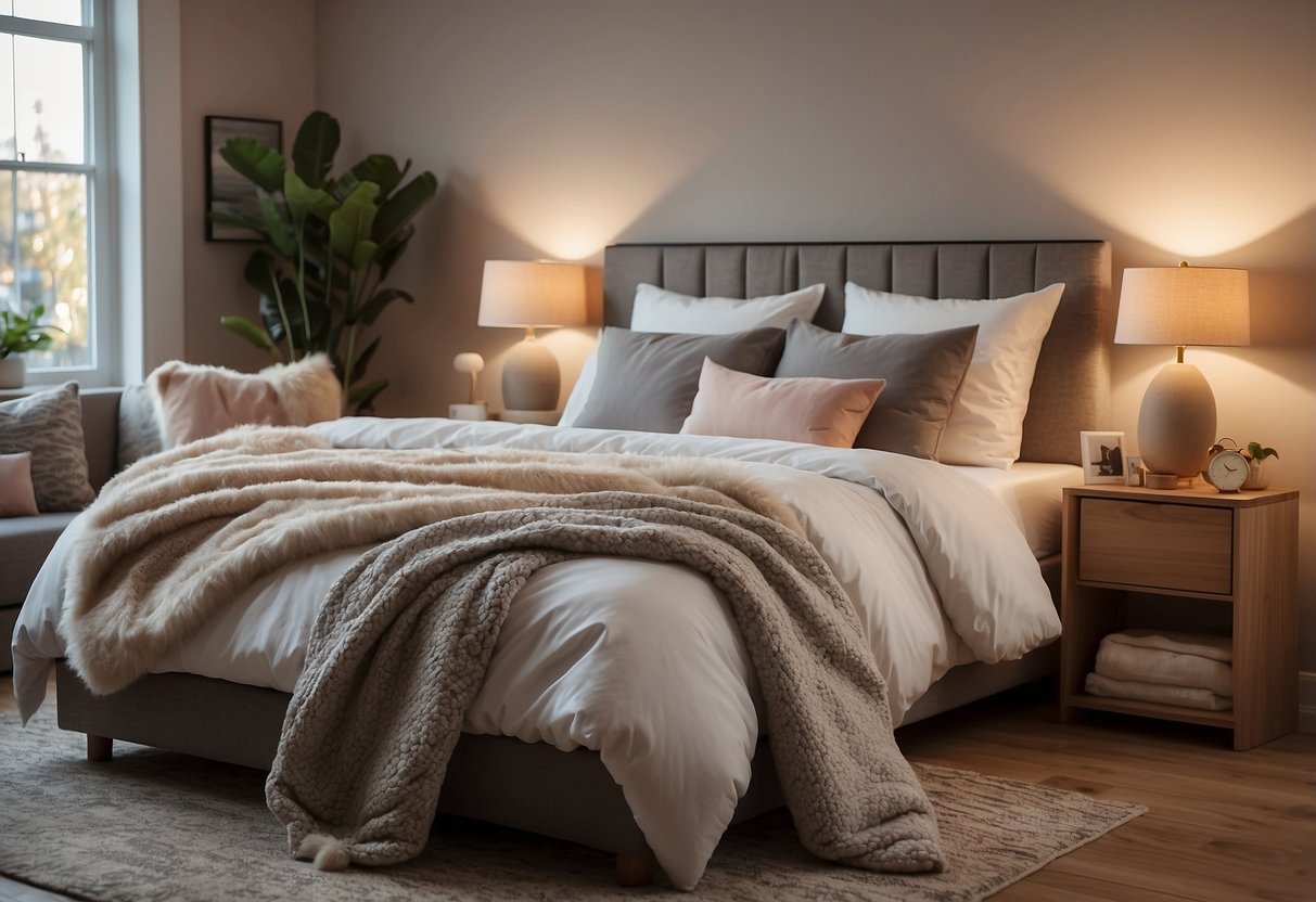 A peaceful bedroom with soft, warm lighting. A cozy bed with fluffy pillows and a plush blanket. A serene atmosphere with calming decor and soothing colors