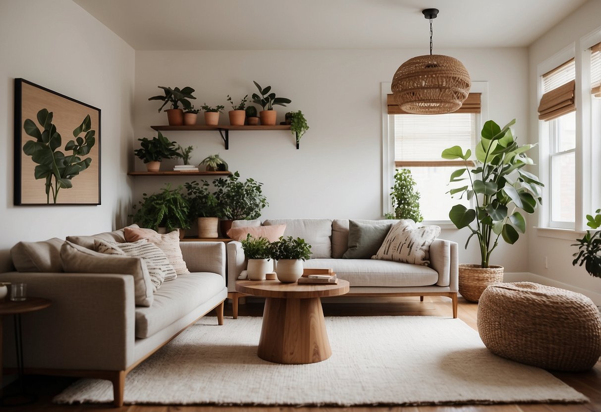 A cozy living room with handmade shelves, hanging planters, and unique wall art. A DIY coffee table and decorative throw pillows complete the inviting space