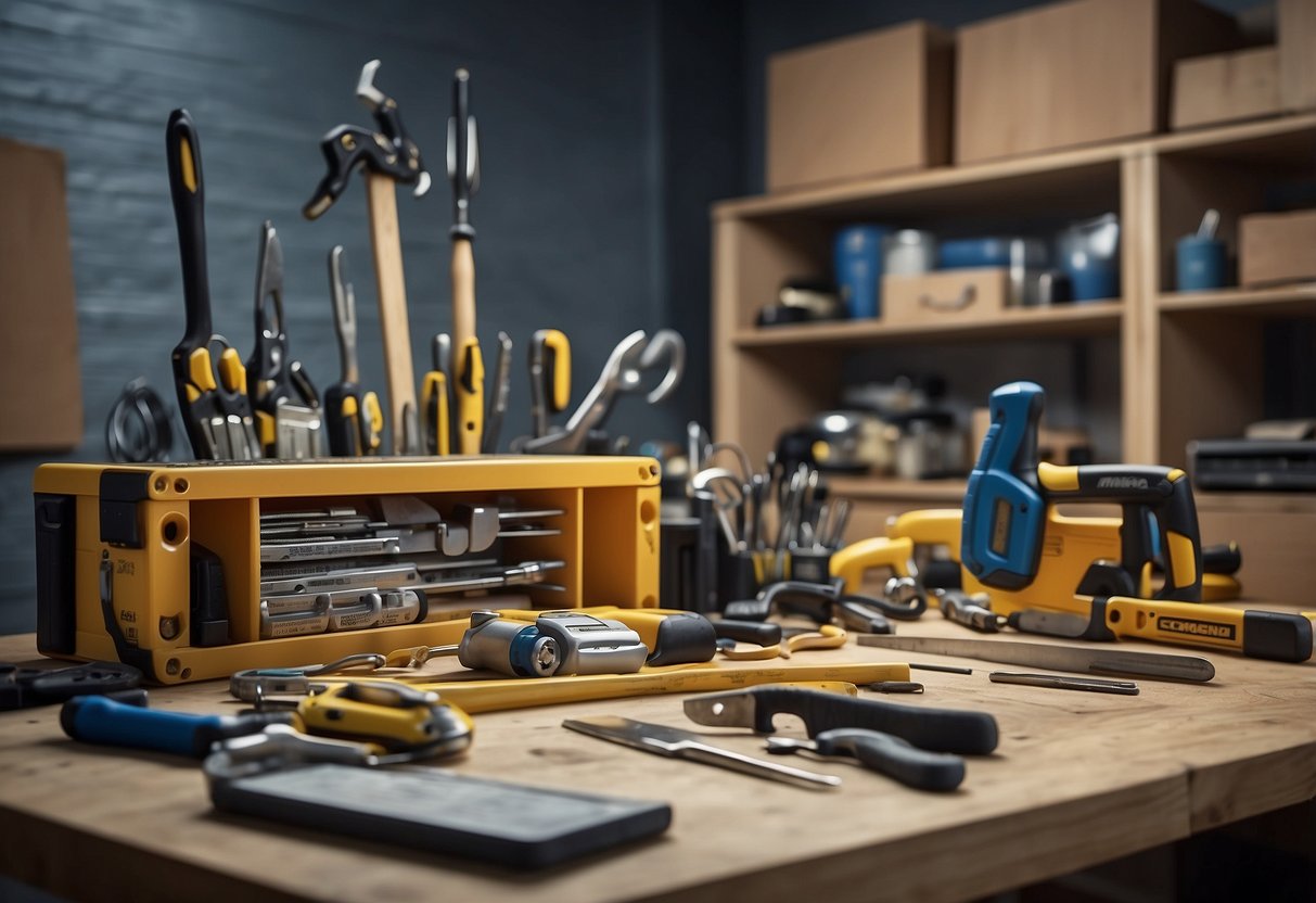 A workbench with various tools and equipment, including a hammer, screwdriver, measuring tape, and paintbrushes. A toolbox and shelves stocked with supplies. A table with blueprints and project plans