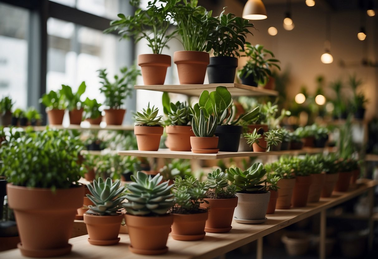 A variety of potted plants arranged on shelves and hanging from the ceiling, with DIY planters and unique plant displays throughout the room