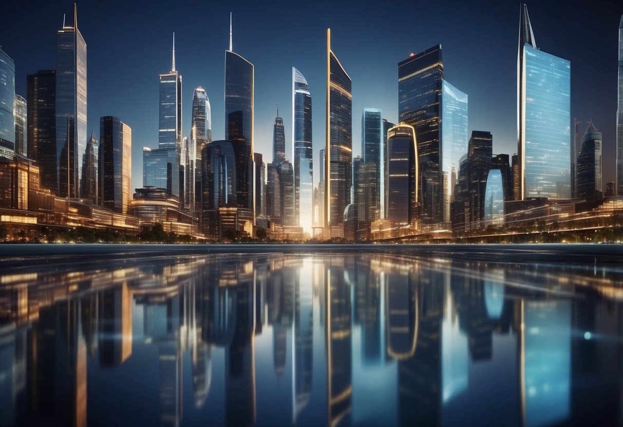 A futuristic city skyline with soaring skyscrapers and digital screens displaying stock market data. A diverse group of people are seen engaging in financial activities, symbolizing smart investing in 2024