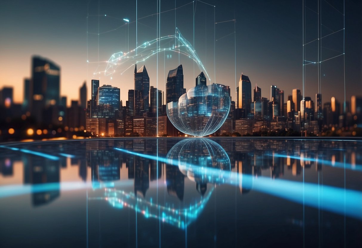 A futuristic city skyline with holographic investment charts and data projections, showcasing the integration of technology in smart investing in 2024