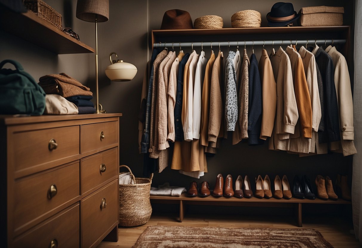 A cluttered closet with a mix of vintage and modern clothing, a color palette of earthy tones, and accessories arranged neatly on a dresser