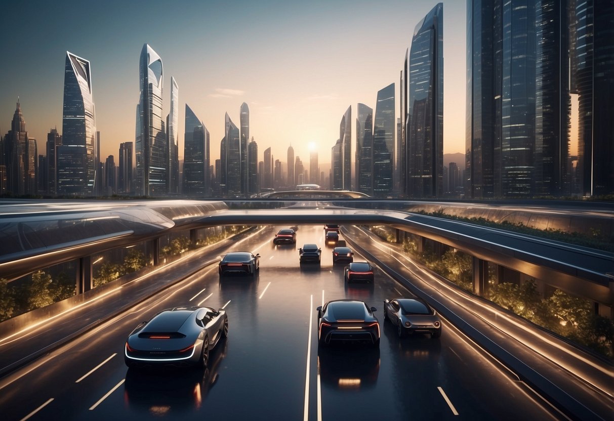 A futuristic city skyline with interconnected smart devices and autonomous vehicles, showcasing the integration of technology into everyday life