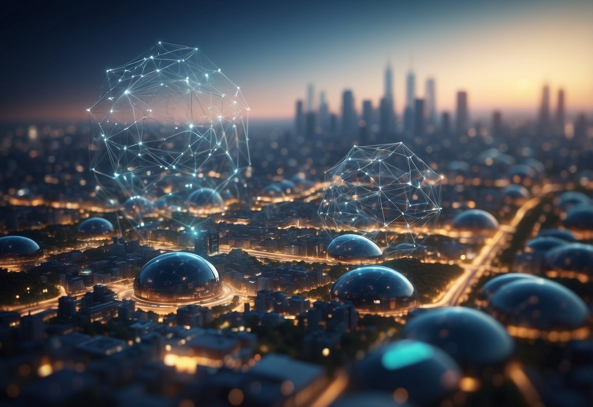 A futuristic city skyline with interconnected digital nodes, representing the integration of blockchain technology into modern living