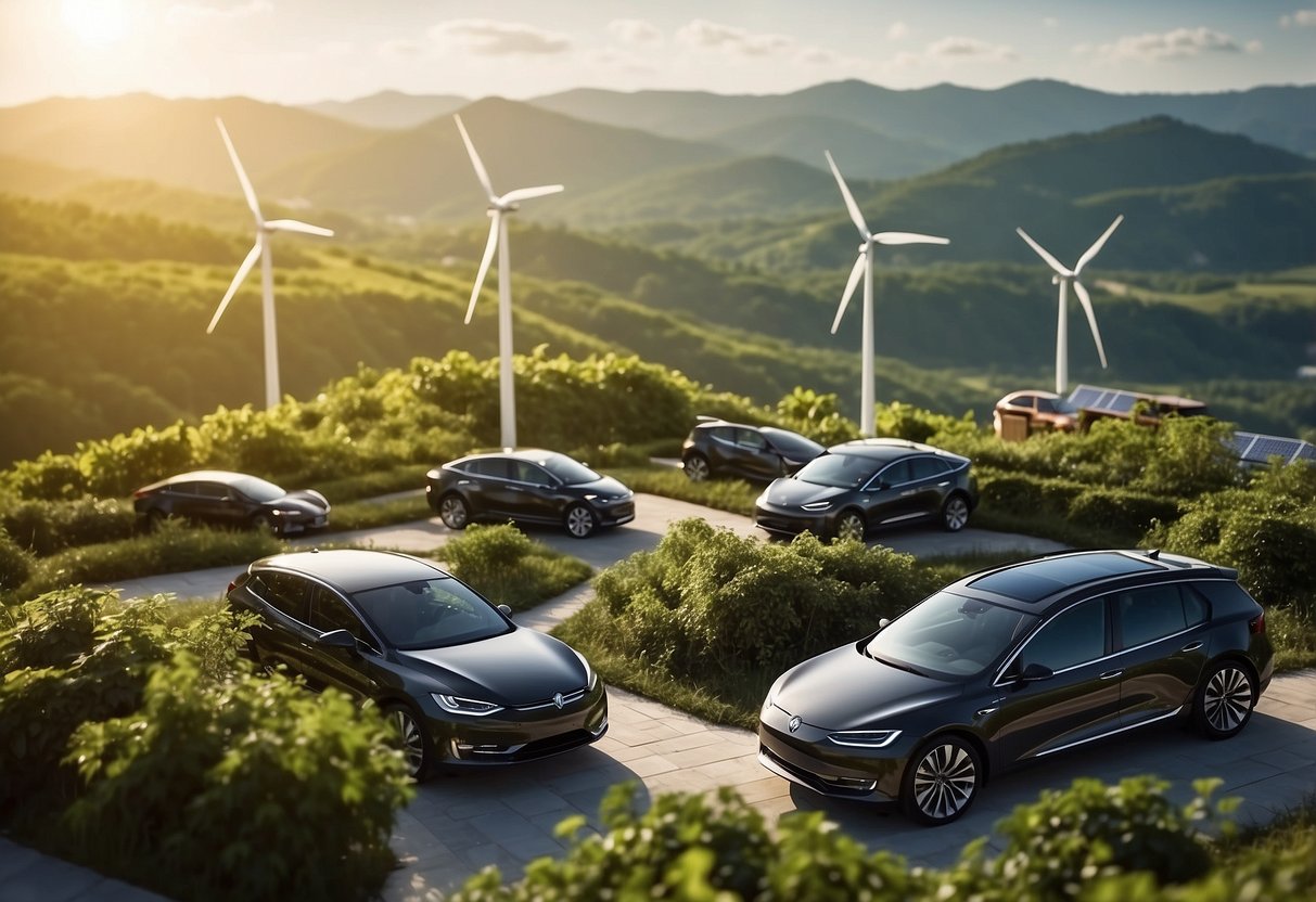 A bustling city skyline with solar panels, wind turbines, and electric vehicles, surrounded by lush greenery and clean, renewable energy sources