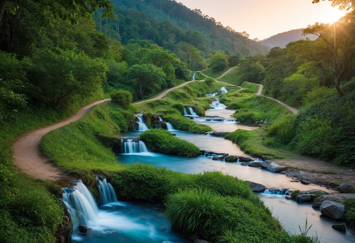 A serene, untouched landscape with winding trails through lush forests and hidden waterfalls, leading to secluded and picturesque travel destinations