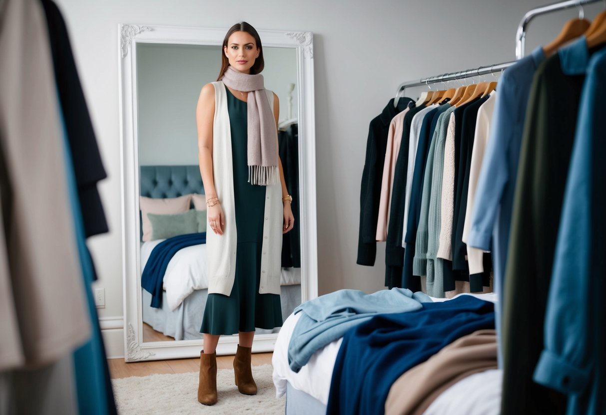 A model wearing a light cardigan over a sleeveless dress, paired with ankle boots and a scarf, standing in front of a mirror with various layers of clothing laid out on a bed