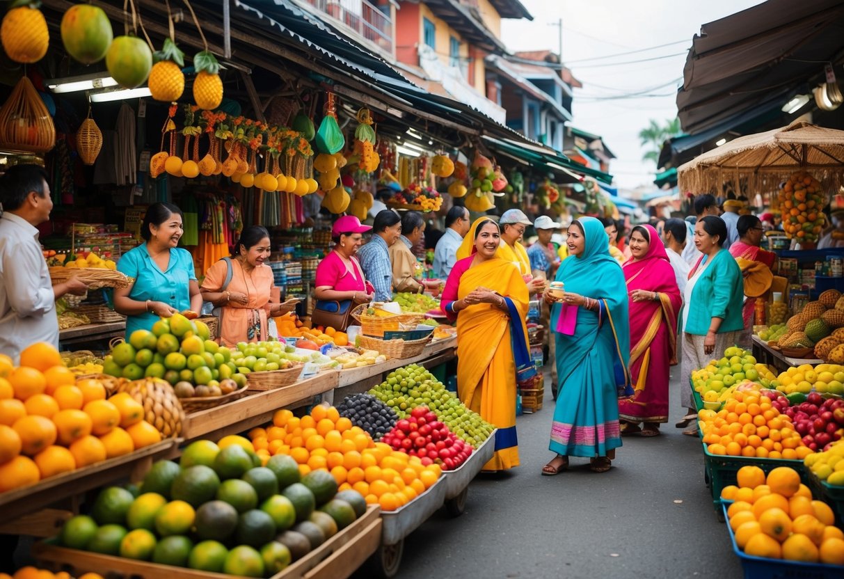 A bustling marketplace with colorful stalls, exotic fruits, and traditional crafts. Locals in vibrant attire mingle with curious tourists in a lively, off-the-beaten-path destination