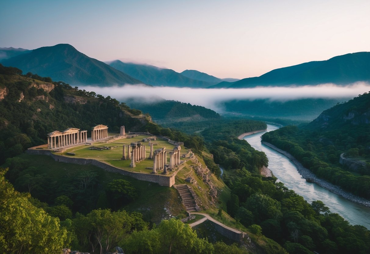 A rugged landscape with ancient ruins nestled among lush greenery, surrounded by misty mountains and a winding river