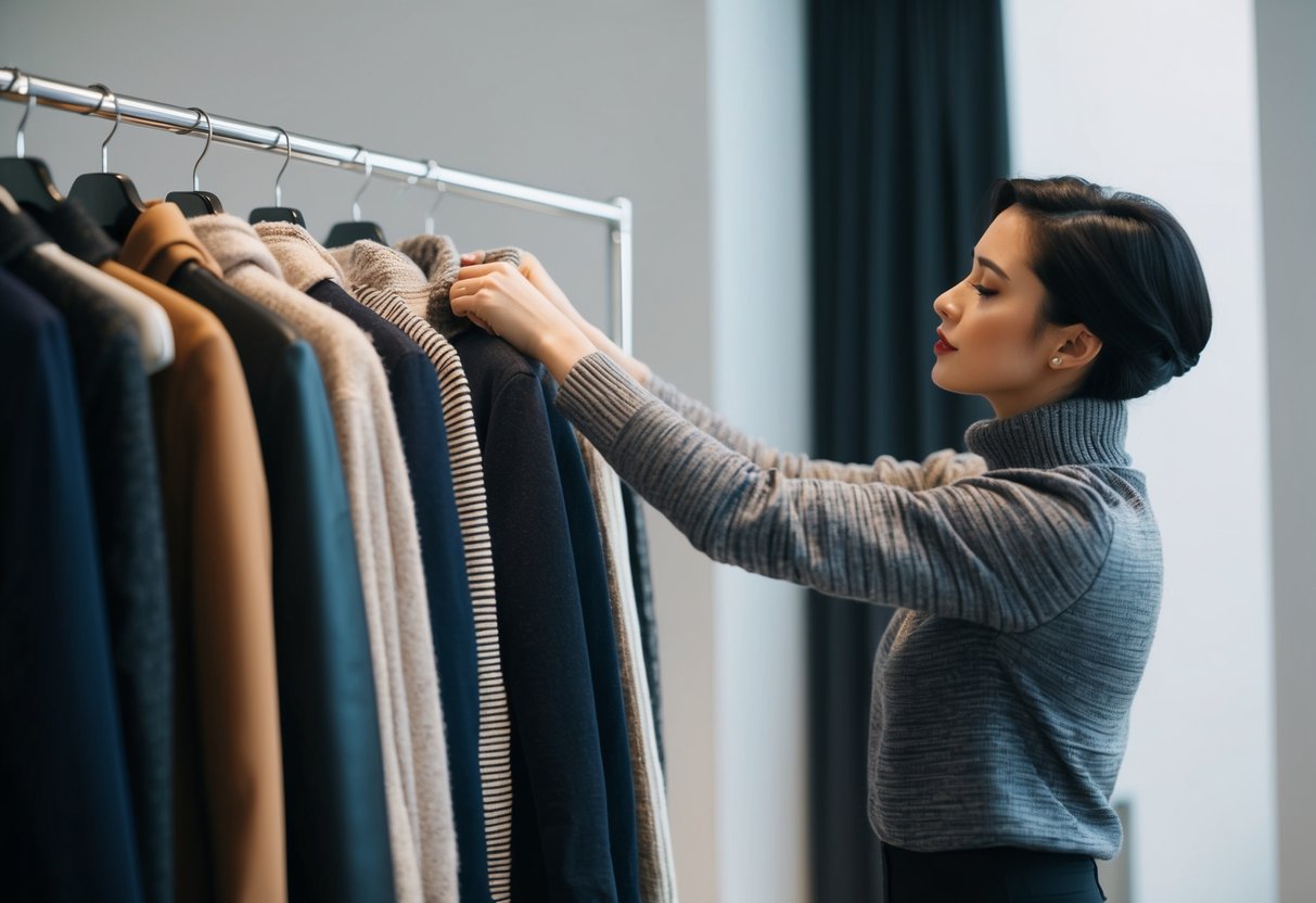 A figure arranging various clothing layers, including jackets, scarves, and sweaters, on a mannequin or hanger. The scene is set in a well-lit, modern studio or fashion atelier