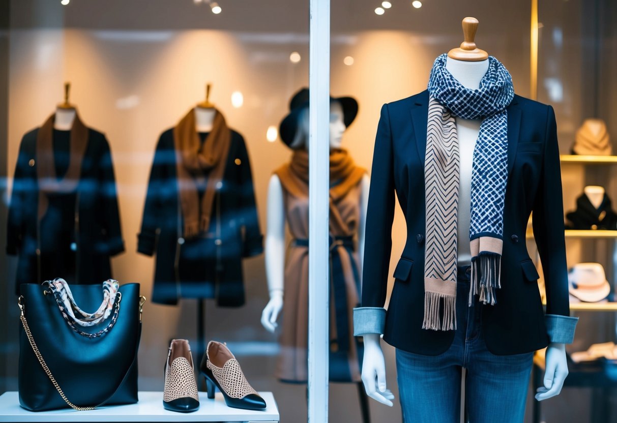 A stylish mannequin displays a layered outfit with scarves, jackets, and accessories in a well-lit boutique window