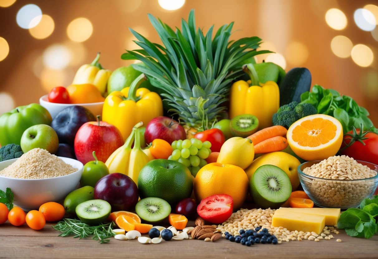 A colorful array of fresh fruits, vegetables, whole grains, and lean proteins arranged on a wooden table