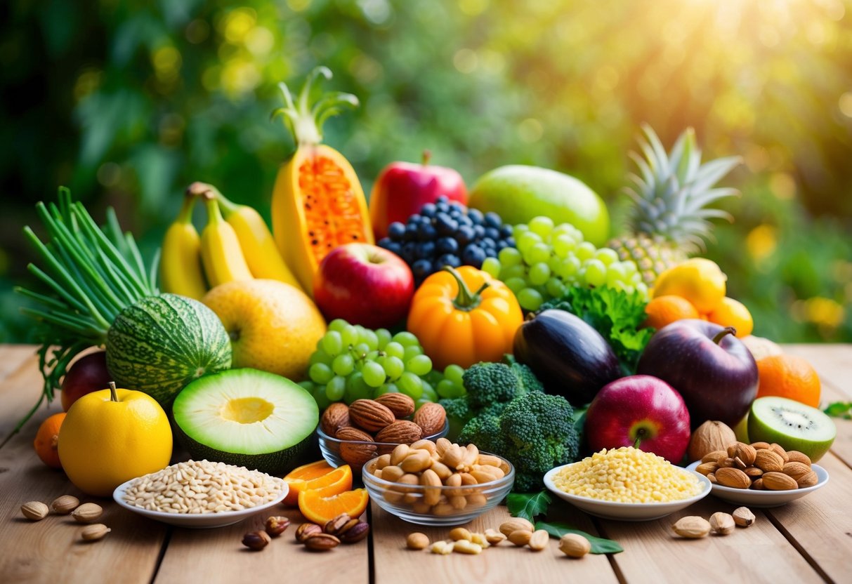 A colorful array of fresh fruits, vegetables, nuts, and whole grains arranged on a wooden table, surrounded by natural light