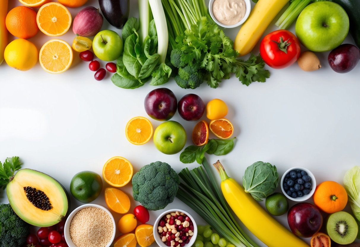 A variety of colorful fruits, vegetables, whole grains, lean proteins, and healthy fats arranged on a table, with a focus on balance and diversity