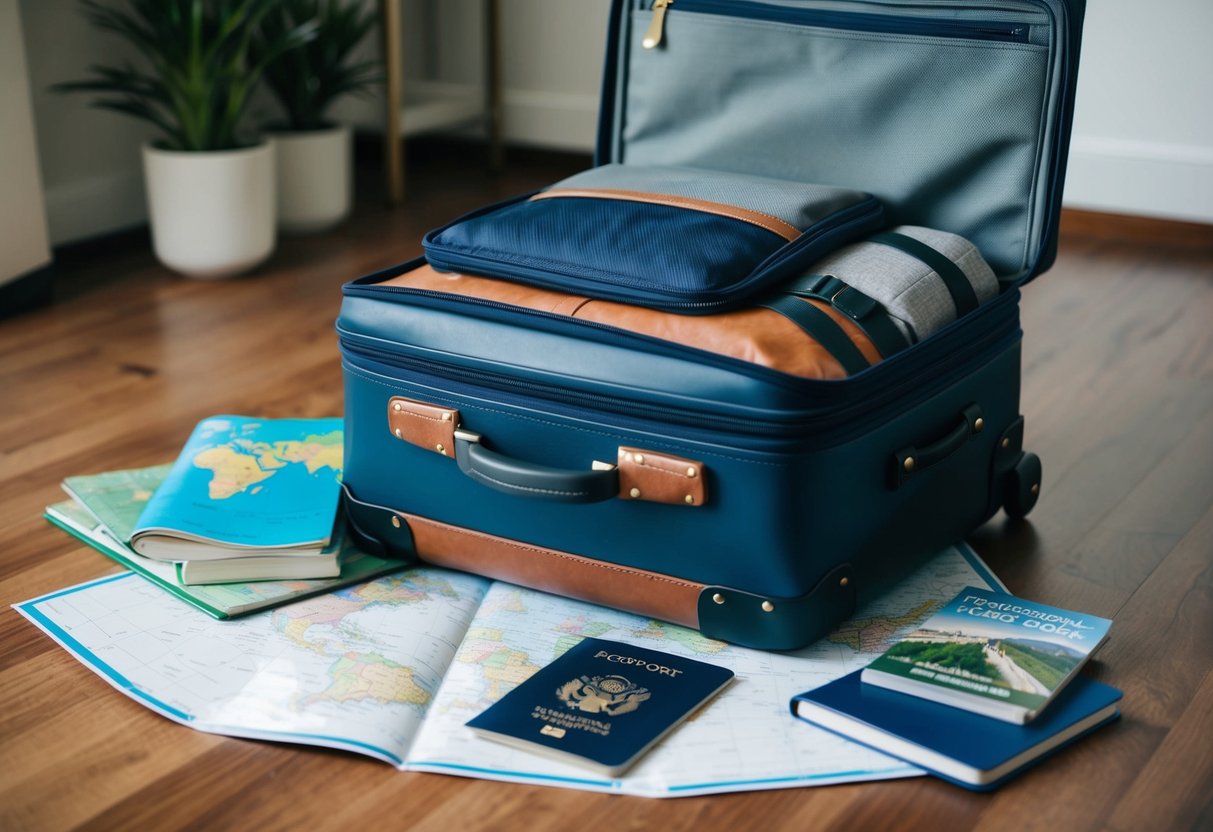 A suitcase packed with travel essentials, surrounded by maps, a passport, and a money-saving guidebook